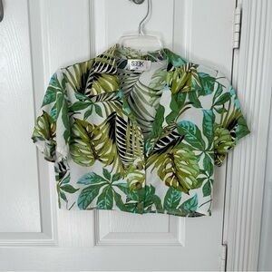LF SEEK THE LABEL Green Leaf Print Button Down Collared Cropped Shirt | Medium